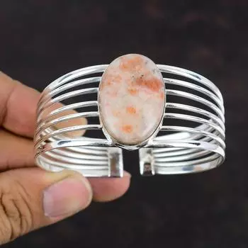 Браслет-манжета из драгоценных камней Sunstone, браслет ручной работы из стерлингового серебра 925 пробы, регулируемый браслет, уникальное ювелирное изделие Sunstone, подарок на годовщину