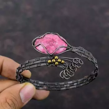 Браслет-манжета из драгоценных камней Тулит, браслет-манжета из медной проволоки, регулируемый браслет, ювелирные изделия из медной проволоки Тулит, подарок для нее, браслет ручной работы