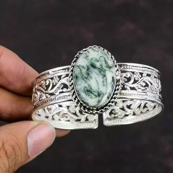 Браслет-манжета из древесного агата с драгоценными камнями, браслет из стерлингового серебра 925 пробы, регулируемый браслет-манжета, браслет ручной работы, уникальный дизайн, ювелирные изделия, свадебные подарки