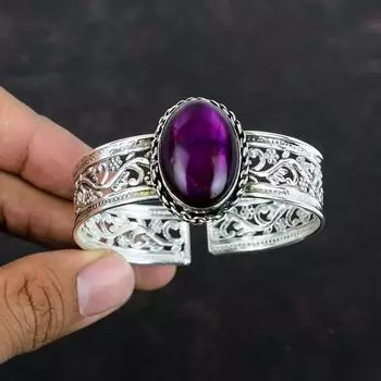 Браслет-манжета из фиолетового огненного лабрадорита, драгоценный камень, достойные ювелирные изделия, браслет из стерлингового серебра 925 пробы, регулируемый браслет-манжета, ювелирные изделия ручной работы