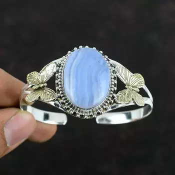 Браслет-манжета из голубого кружевного агата с драгоценными камнями, браслет-бабочка, браслет-манжета из стерлингового серебра 925 пробы, позолоченный браслет 18 карат, регулируемый браслет ручной работы