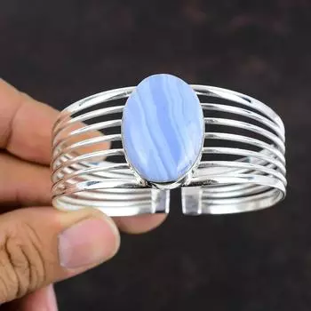 Браслет-манжета из голубого кружевного агата, уникальный дизайн, браслет-манжета из стерлингового серебра 925 пробы, регулируемый браслет с драгоценными камнями, манжета ручной работы, подарки для нее