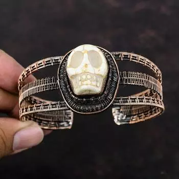 Браслет-манжета из говлита, браслет-манжета из медной проволоки, браслет-манжета ручной работы, регулируемый браслет, браслет-манжета с костью черепа, браслет-манжета из драгоценного камня, подарок для мамы