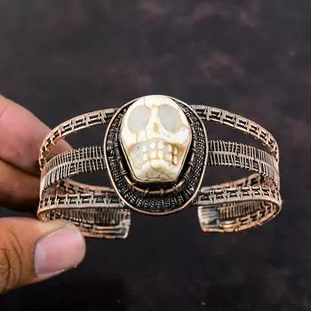 Браслет-манжета из говлита, медная проволока, браслет-манжета, регулируемый браслет ручной работы, браслет-манжета с черепом и костью лица, ювелирные изделия из настоящего драгоценного камня, подарок для него