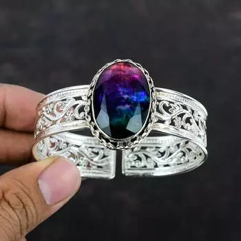 Браслет-манжета из граненого аммолита, браслет из стерлингового серебра 925 пробы, регулируемый браслет-манжета, браслет из драгоценных камней, серебряные украшения ручной работы, подарки для друга