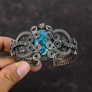 Браслет-манжета из хризоколлы, медная проволока, регулируемый браслет, ювелирные изделия ручной работы из хризоколлы, манжета с драгоценными камнями, медные украшения, подарок на годовщину