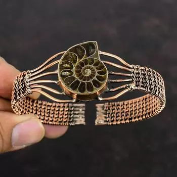 Браслет-манжета из ископаемого аммонита, браслет из медной проволоки, регулируемый браслет ручной работы, браслет из ископаемого аммонита, медные украшения, браслет из натурального драгоценного камня