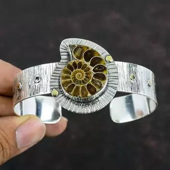 Браслет-манжета из ископаемого аммонита, драгоценный камень, браслет ручной работы, браслет-манжета из стерлингового серебра 925 пробы, регулируемый браслет, серебряные ювелирные изделия, подарки на годовщину