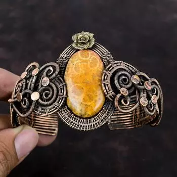 Браслет-манжета из ископаемого коралла, браслет из медной проволоки, регулируемый браслет-манжета, браслет из драгоценных камней, ювелирные изделия из медной проволоки для подарка, браслет с цветком ручной работы