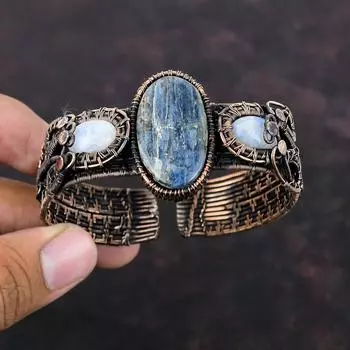 Браслет-манжета из кианита, браслет из медной проволоки, браслет из радужного лунного камня, регулируемый браслет-манжета, подарок для матери, ювелирные изделия из драгоценных камней ручной работы