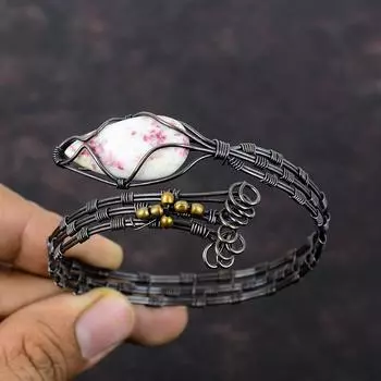 Браслет-манжета из киновари, медная проволока, браслет с драгоценными камнями, регулируемый браслет-манжета, ручная работа, медная проволока, ювелирные изделия, подарок для мамы