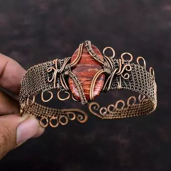 Браслет-манжета из красной змеиной яшмы, медная проволока, регулируемый браслет, браслет ручной работы, браслет из драгоценных камней, медные украшения, цветок, браслет, подарок для него