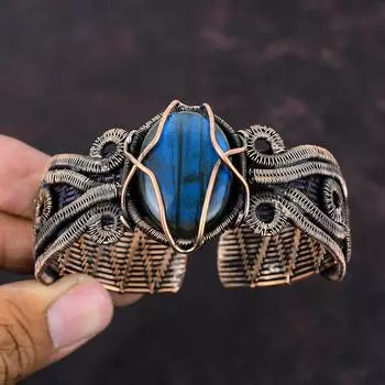 Браслет-манжета из лабрадорита, медная проволока, браслет из драгоценного камня, регулируемый браслет-манжета, изящные медные украшения, браслет ручной работы, подарок на помолвку