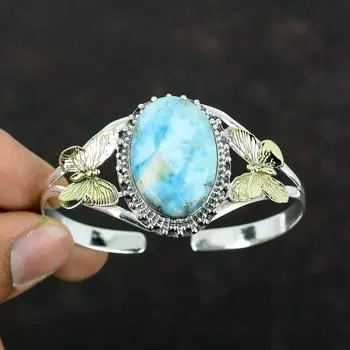 Браслет-манжета из ларимара, серебряный браслет 925 пробы, позолоченный браслет 18 карат, ювелирные изделия из драгоценных камней, браслет-манжета ручной работы, регулируемый браслет-бабочка