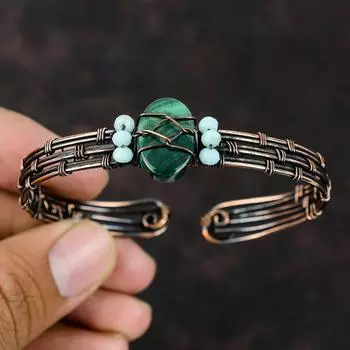 Браслет-манжета из малахита, синие халцедоновые бусины, манжета из медной проволоки, обернутая в бижутерию, регулируемый браслет с драгоценными камнями, манжета ручной работы, подарок для нее