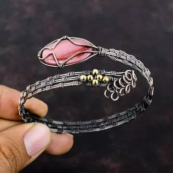 Браслет-манжета из меди Mookaite, обернутый проволокой, с драгоценными камнями, проволочная обертка, регулируемая манжета, ручная работа, медные украшения, браслет-манжета Mookaite