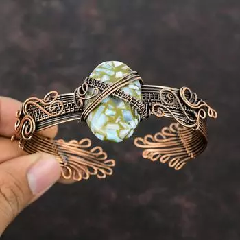 Браслет-манжета из медного ларимара, регулируемый браслет-манжета из медной проволоки с драгоценными камнями, ювелирное изделие из медной проволоки в подарок для нее, дизайнерский браслет ручной работы