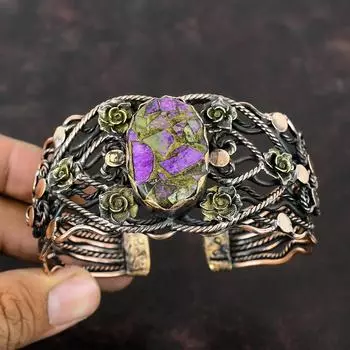 Браслет-манжета из медного пурпурита Медная проволока Браслет с драгоценными камнями Регулируемый браслет-манжета Манжеты ручной работы Изысканные медные украшения Подарок для него