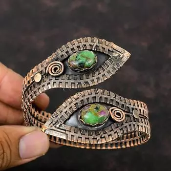 Браслет-манжета из медного рубина с цоизитом, браслет из медной проволоки, регулируемый браслет-манжета, браслет ручной работы, драгоценный камень, медные украшения, свадебный подарок