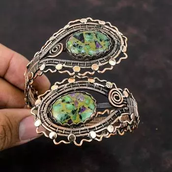 Браслет-манжета из медного рубина с цоизитом, медная проволока, браслет с драгоценными камнями, регулируемая манжета, браслет ручной работы, дизайнерские медные украшения, подарок для мамы