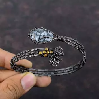 Браслет-манжета из медной проволоки Pinolith Jasper, уникальная ручная работа, регулируемый браслет из медной проволоки, свадебный подарок