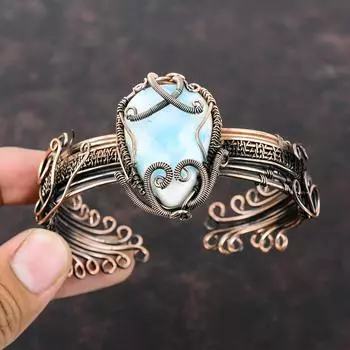 Браслет-манжета из медной проволоки, регулируемый браслет Ларимар, ювелирные изделия из медной проволоки, браслет-манжета ручной работы с драгоценными камнями, подарок для нее