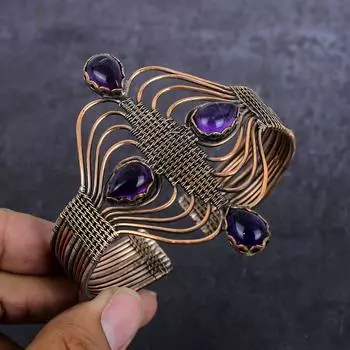 Браслет-манжета из медной проволоки с аметистовым драгоценным камнем, регулируемый, ручной работы A1i25