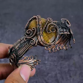 Браслет-манжета из медной проволоки с драгоценным камнем тигровый глаз, регулируемый r7a66