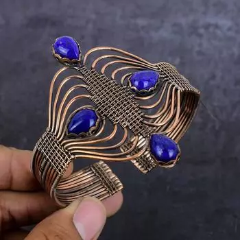 Браслет-манжета из медной проволоки с драгоценным камнем лазурит, ручной работы, регулируемый h6n75