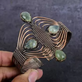 Браслет-манжета из медной проволоки с драгоценным камнем пренит, регулируемый, ручной работы s3f39