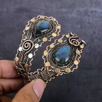 Браслет-манжета из медной проволоки с драгоценным камнем лабрадорит, регулируемый, ручной работы M9i69