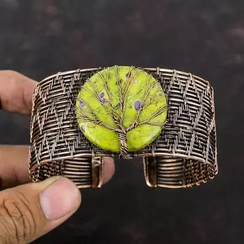 Браслет-манжета из медной проволоки с древовидным узором Stichtite, регулируемый браслет ручной работы, браслет с драгоценными камнями, медные украшения для подарка