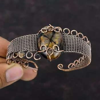 Браслет-манжета из медной проволоки с хиастолитом, браслет-манжета из настоящего драгоценного камня, медные украшения ручной работы, регулируемый браслет, подарок для мамы, ювелирные изделия из проволочной обмотки