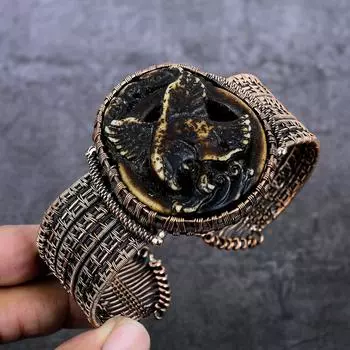 Браслет-манжета из медной проволоки с натуральным камеей и орлом, регулируемый, u5t25