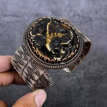 Браслет-манжета из медной проволоки с натуральным камеей и орлом, регулируемый Q2e67