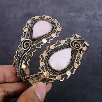 Браслет-манжета из медной проволоки с розовым опалом и драгоценным камнем, регулируемый, ручной работы E8K57