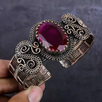 Браслет-манжета из медной проволоки с розовым рубиллитом, ручной работы, регулируемый W5M61