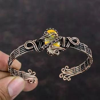 Браслет-манжета из медной яшмы с проволокой, браслет из драгоценного камня, медные ювелирные изделия, регулируемый браслет-манжета, подарок для мамы, браслет ручной работы