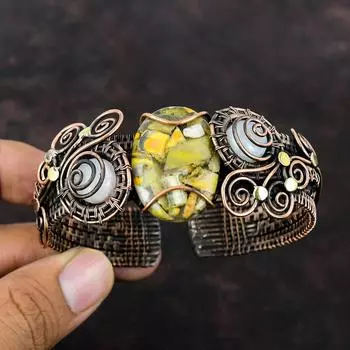 Браслет-манжета из медной шмели с яшмой, браслет из медной проволоки, браслет-манжета с драгоценным камнем, лунный камень, регулируемый браслет, подарок для мамы, ювелирные изделия ручной работы