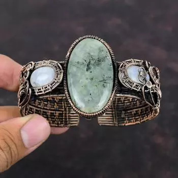 Браслет-манжета из мха-пренита, медная проволока, обернутая драгоценным камнем, браслет-манжета из радужного лунного камня, ювелирные изделия ручной работы из медной проволоки, регулируемый браслет-манжета