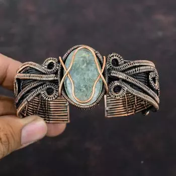 Браслет-манжета из мха-пренита, медная проволока, браслет-манжета, медные украшения ручной работы, регулируемый браслет-манжета, браслет из драгоценных камней, подарок на помолвку