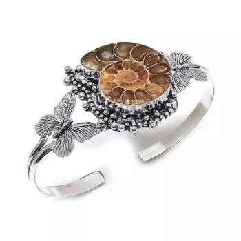 Браслет-манжета из натурального аммонита, ископаемого камня, стерлингового серебра 925 пробы, регулируемый B4u02