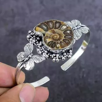 Браслет-манжета из натурального аммонита, ископаемого камня, из стерлингового серебра 925 пробы, регулируемый F4N21