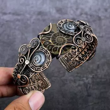 Браслет-манжета из натурального аммонита, лунного камня, медной проволоки, регулируемый H3Z20