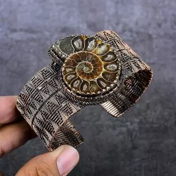 Браслет-манжета из натурального аммонита, окаменелого драгоценного камня, медной проволоки, регулируемый Z4m70