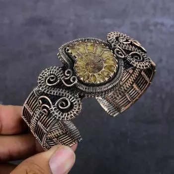 Браслет-манжета из натурального аммонита, окаменелого драгоценного камня, медной проволоки, регулируемый H1Q26
