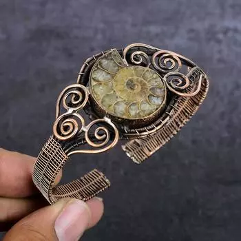 Браслет-манжета из натурального аммонита, окаменелого драгоценного камня, медной проволоки, регулируемый k7y53