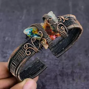 Браслет-манжета из натурального арбузного турмалина с медной проволокой, регулируемый V2a64