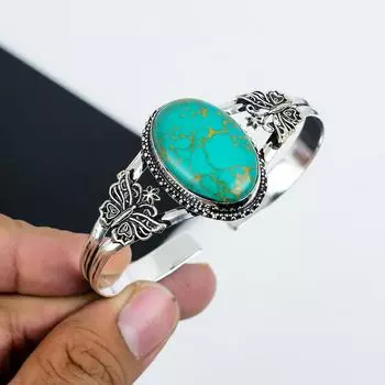 Браслет-манжета из натурального бирюзового камня ручной работы из стерлингового серебра 925 пробы, бирюзовый браслет, для жены, браслет унисекс, подарки на День матери 6 зелёный