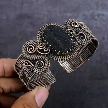 Браслет-манжета из натурального черного турмалина с медной проволокой, регулируемый b1B36